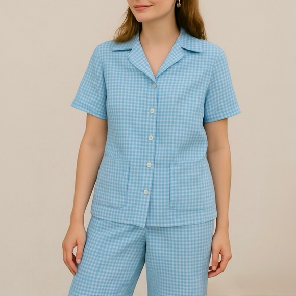 Vintage 70s Matching Two-Piece Pant Set Size Small Blue Gingham Checker Retro - Picture 1 of 9